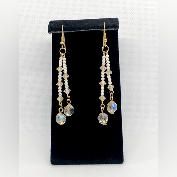 Hand Crafted Jewelry - Hand Crafted Iridescent Beaded & Pearl Dangle Earrings